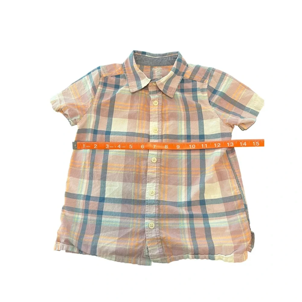 OshKosh Bgosh Toddler Boys Pink Blue Plaid Short Sleeve Button Down Shirt 5T